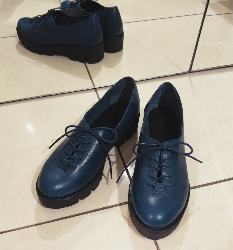 Women's Leather Shoes Navy Blue Oxfords Women Shoes Laceup Etsy