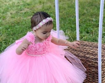 Flower Girl Dress Pink Tulle Dress First Birhtday Outfit Girls Birthday Tutu Girl Dress Wedding Toddler Ball Gown Tutu Dress 1 2 3 4T/ 5 6