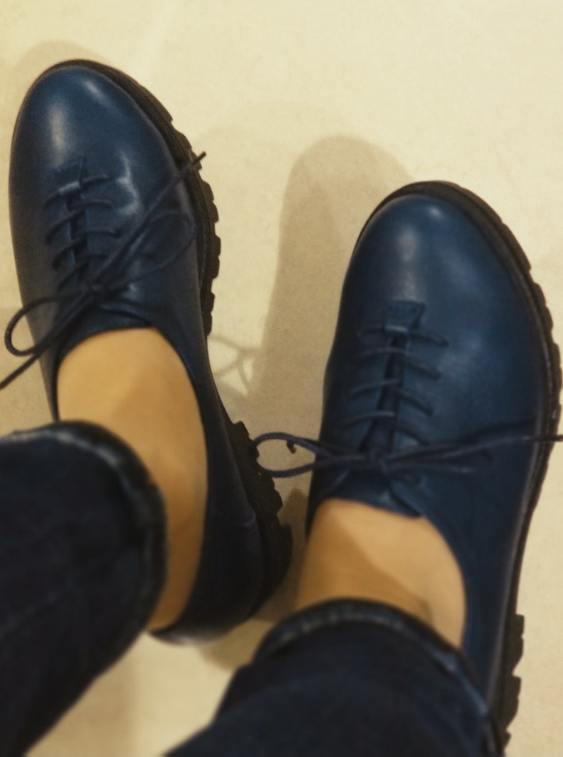 Women's Leather Shoes Navy Blue Oxfords Women Shoes Laceup Etsy