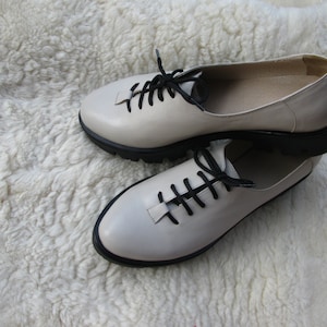 Shoes Women&#39;s Leather Oxfords Shoes Girl&#39;s Lace-up shoes Leather shoes for women White oxfords Women beige shoes Laceup platform oxfords