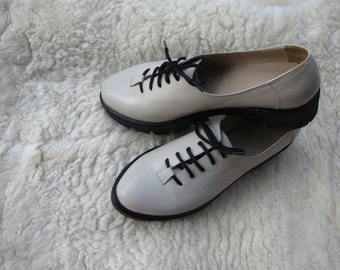 Shoes Women's Leather Oxfords Shoes Girl's Lace-up shoes Leather shoes for women White oxfords Women beige shoes Laceup platform oxfords