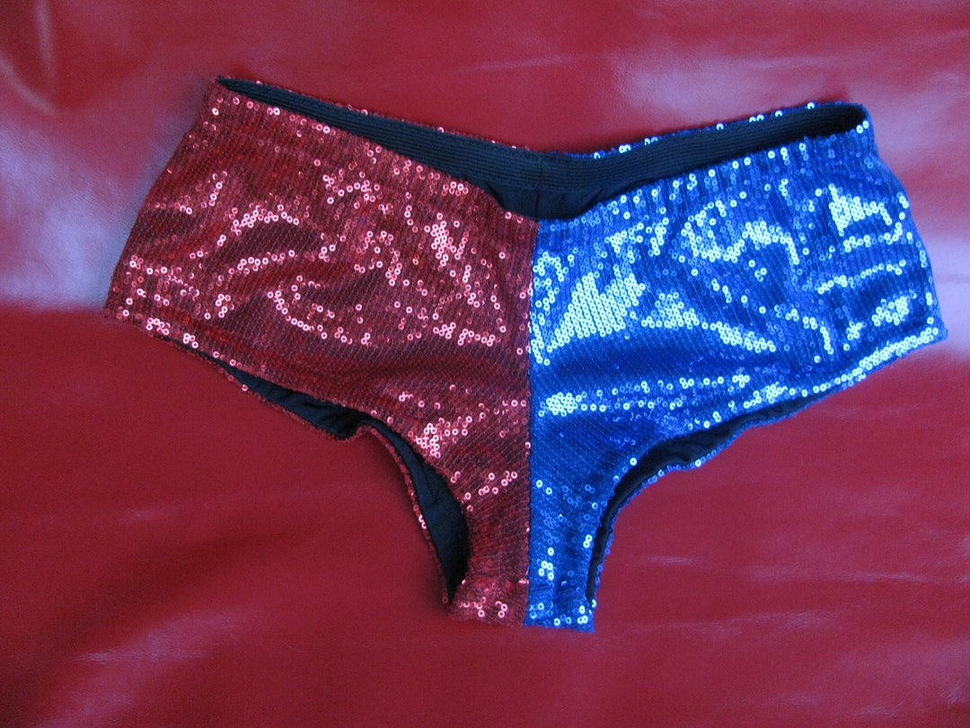 Red and blue Hot Shorts Sequin Cosplay cheeky shorts Halloween Costume Suicide Squad Shiny booty shorts.