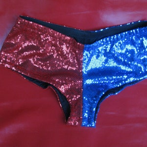 Red and blue Hot Shorts Sequin Cosplay cheeky shorts Halloween Costume Suicide Squad Shiny booty shorts. image 1