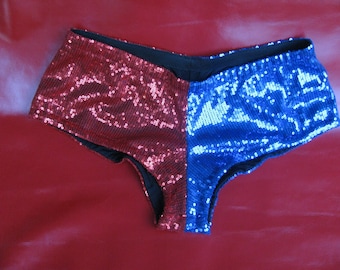 Red and blue Hot Shorts Sequin Cosplay cheeky shorts Halloween Costume Suicide Squad Shiny booty shorts.