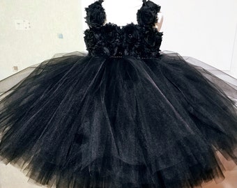 Tulle Dress Tutu Wednesday Dress Flower Girl Dress Black Gueen Flower Tulle Dress Tutu  Birthday Tutu baby dress Toddler Ball Gown  tutu