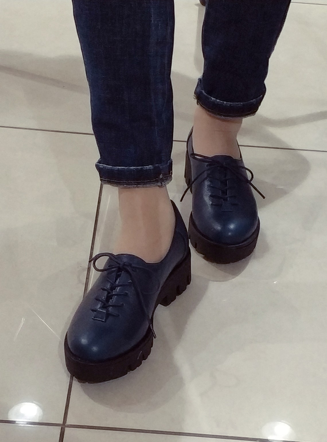 Women's Leather Shoes Navy Blue Oxfords Women Shoes Laceup | Etsy