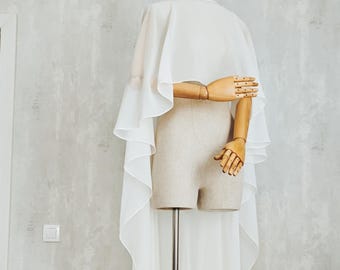 Ivory Chiffon Bridal Cape/Cape Wedding Chiffon/Bridal Cape/Elegant Wedding Cape/Floor Length Sheer Cape/Cover Up Minimalist Wedding Shawl