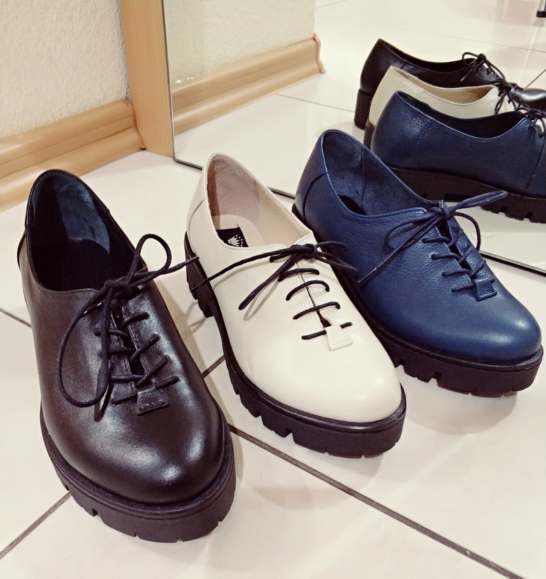 Women's Leather Shoes Navy Blue Oxfords Women Shoes Laceup | Etsy