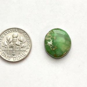 May include: A green turquoise cabochon with white and brown matrix. The cabochon is oval shaped and measures approximately 1 inch in length. The cabochon is sitting on a white surface next to a US dime for size comparison.