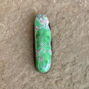 May include: A green and white cabochon gemstone with a black backing. The gemstone has a unique pattern of green and white swirls.