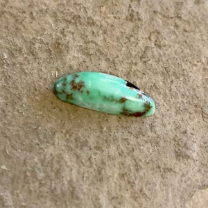 May include: A light green oval-shaped turquoise cabochon with brown and black matrix. The stone has a smooth, polished surface.