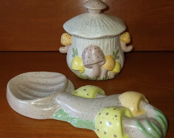 Vintage Arnel's Stoneware Mushroom Kitchenware - Sugar Bowl & Spoon Rest - 1970's