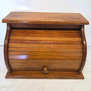 Wooden Roll Top Bread Box Tambour Door Countertop Kitchen Storage Cottagelore