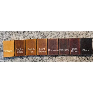 May include: Leather swatches in nine different colors: Natural, English Bridle, Saddle Tan, Light Brown, Cordovan, Mahogany, Dark Brown, and Black.