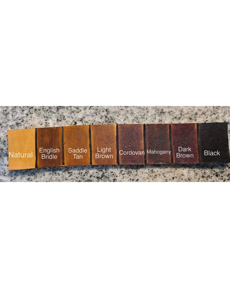 May include: Leather swatches in nine different colors: Natural, English Bridle, Saddle Tan, Light Brown, Cordovan, Mahogany, Dark Brown, and Black.