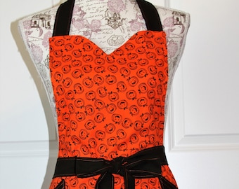 Happy Halloween!! Embroidered Smiling Jack O&#39; Lantern Ladies Womans Apron  Orange and Black