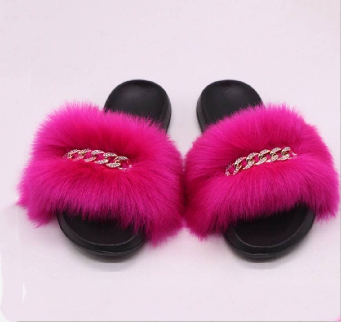 Fur slipper, faux fur slide, rhinestone embellished, pink, blue or gray slipper, indoor-outdoor slipper
