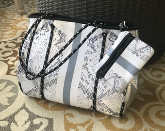 NEOPRENE TOTE, Snakeskin,-Silver side panels-gray stripe, beach, diaper, school, office