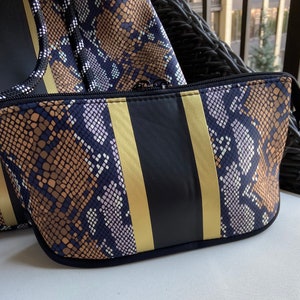 NEOPRENE Travel/Cosmetic Bag, snakeskin print, navy, gold, black