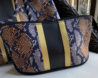 NEOPRENE Travel/Cosmetic Bag, snakeskin print, navy, gold, black