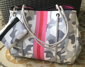 NEOPRENE TOTE, gray camo, pink & red stripe, detachable pouch, beach bag, diaper bag, school bag