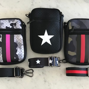 NEOPRENE, Crossbody Cellphone Mini Bag, Varsity Stripe Strap, Outer Zip Pocket, Handsfree