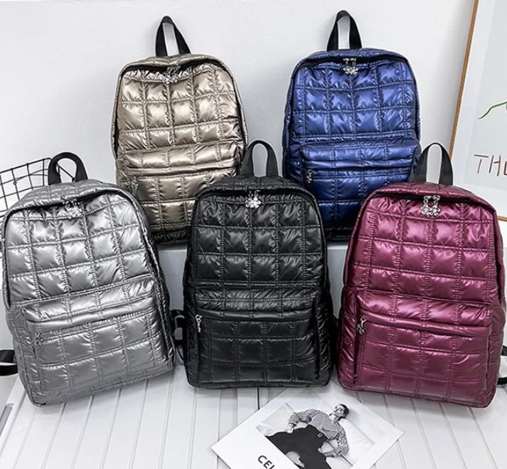 Quilted Puffer Backpack, Laptop School Bag, Large Zip Pocket - Etsy