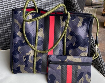 NEOPRENE CAMO TOTE, Green/Red Racer Stripe, beach, pool, gym, baby bag, yoga, tennis