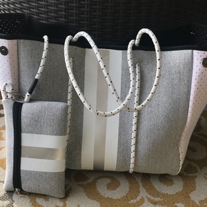 NEOPRENE TOTE, Gray, white side panels, metallic stripe, detachable pouch, gym bag, large tote,