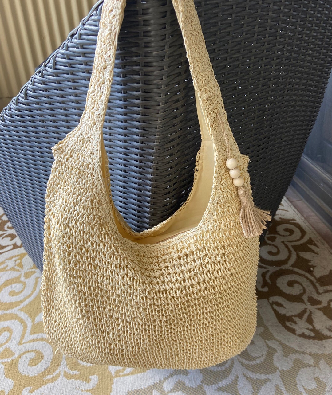 Boho Straw Shoulder Bag, Summer Straw Bag With Bead Embellishment