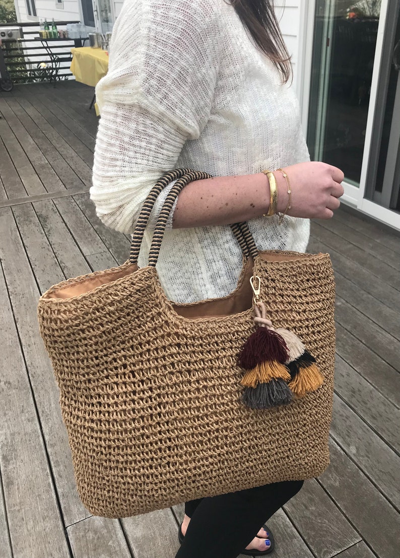 BOHO STRAW TOTE, Trendy Shoulder Straps, Double Removable Tassel, Fully Lined, Zipper Closure, Inner Pocket, image 3