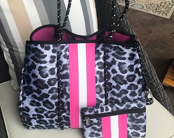 NEOPRENE NEW TOTE, Leopard Print beach, Gym, Sports, Detachable Pouch