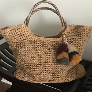 BOHO STRAW TOTE, Trendy Shoulder Straps, Double Removable Tassel, Fully Lined, Zipper Closure, Inner Pocket, Coffe