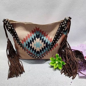Tote, Boho Southwest Print, Aztec Print, Cotton Canvas, Fringe, Vegan Strap,