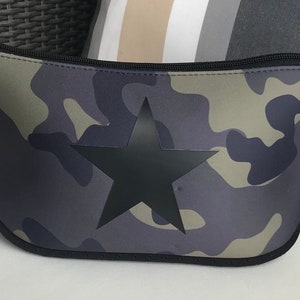 Neoprene travel/cosmetic bag, green camo, black star, organizer, zipper,