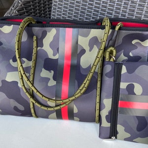 NEOPRENE TOTE, Bestseller, CAMO green w/ Red Racer Stripe-matching detachable pouch-inside pocket-beach, yoga, school, gym, tennis,