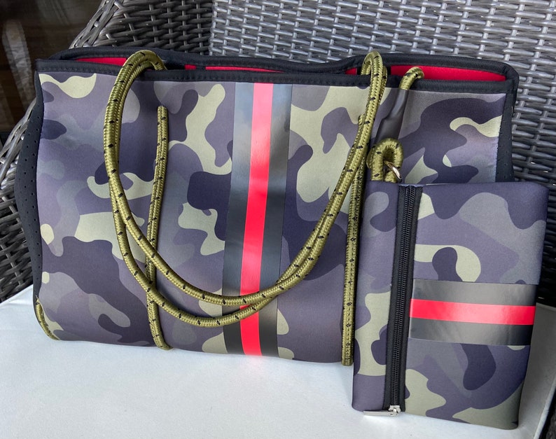 NEOPRENE TOTE, Bestseller, CAMO green w/ Red Racer Stripe-matching detachable pouch-inside pocket-beach, yoga, school, gym, tennis, 