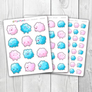 May include: Three sticker sheets featuring cartoon cloud designs in pink and blue. The stickers have smiling faces and are labeled "Medium", "Small", and "Tiny". The brand name "JLynnPaperCo.com" is printed on the top left corner of the sheets.