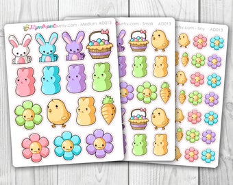 May include: Three sticker sheets featuring Easter-themed illustrations. The stickers include bunnies, chicks, flowers, carrots, and Easter baskets in pastel colors. The text "JLynnPaperCo.etsy.com" is visible on the sheets.