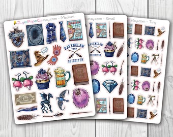 May include: A set of three sheets of Ravenclaw themed stickers. The stickers feature a variety of images, including the Ravenclaw crest, a book, a Quidditch broom, a cupcake, a beer mug, a feather, a diamond, a hat, and a telescope. The stickers are available in three sizes: medium, small, and tiny.