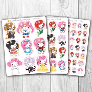 May include: Three sticker sheets featuring cartoon unicorn characters dressed as various pop culture figures. The stickers include characters with pink, black, and brown hair, dressed in outfits like a mermaid, Wonder Woman, and Sailor Moon. The sheets are labeled "Medium", "Small", and "Tiny".