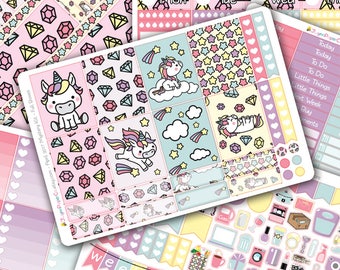 May include: A collection of planner stickers with a pastel color scheme. The stickers feature unicorns, diamonds, stars, and the word "weekend". The stickers are designed for use in a planner and include boxes, checklists, and decorative elements.