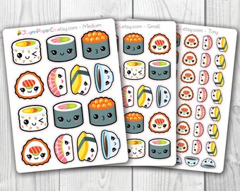 May include: Three sheets of stickers featuring various sushi rolls with cute faces. The stickers are in three sizes: medium, small, and tiny. The medium sheet has 10 stickers, the small sheet has 10 stickers, and the tiny sheet has 20 stickers.