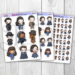 May include: A set of 36 stickers featuring various characters from the Shadow and Bone TV series. The stickers are available in four sizes: tiny, small, medium, and shadow & bone. The stickers feature characters like Alina Starkov, Mal Oretsev, and the Darkling.