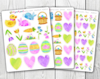 May include: Three sheets of Easter-themed stickers with various designs. The stickers include a yellow duck, a blue bunny, Easter eggs, carrots, flowers, hearts, and baskets. The stickers are in shades of pink, green, purple, and yellow.