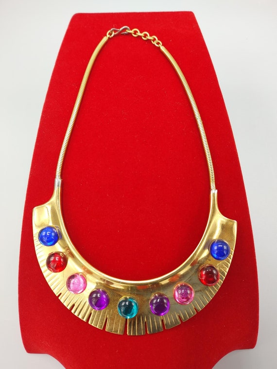 Rare French Vintage Designer Cabochon Bib Necklace - image 3