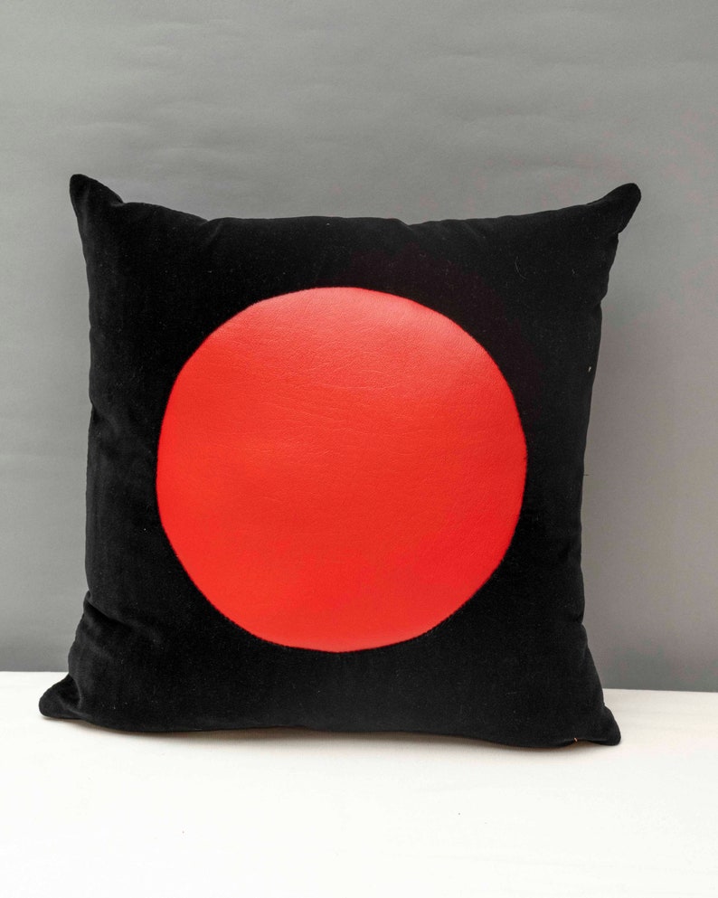 Black velvet with geometric red vinyl handmade pillow 16 x 16\u201dinches