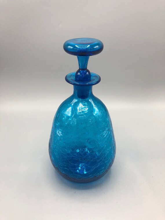 Blue Blenko Glass Co blue optic decanter  with flared rim and a stopper, No.  715,