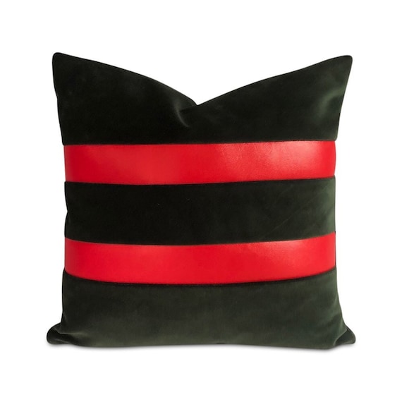 Contemporary handmade green emerald  velvet with two red vinyl stripes on one side. 16" x 16" inches