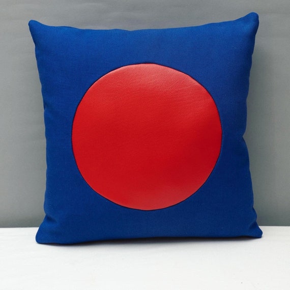 Blue canvas geometric handmade pillow 16 x 16" inches with red vinyl circle